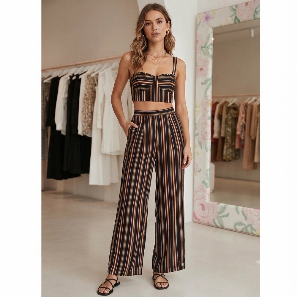 Live To Be Spoiled Striped Two Piece Set Crop Top Wide Leg Pants XS S KOLB017J - Picture 1 of 11